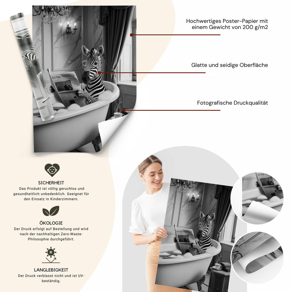 POSTER für Badezimmer WC ZEBRA in Badewanne Zeitung Abstraktion 20x30cm - Schwarz/Weiß, Papier (20/30/1cm) - Muralo