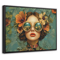 LEINWAND Bilder mit Rahmen - Frau - Blumen - Schmetterlinge - Natur - Vintage - 40x30 - Salbeigrün, Textil (40/30cm) - MuchoWow