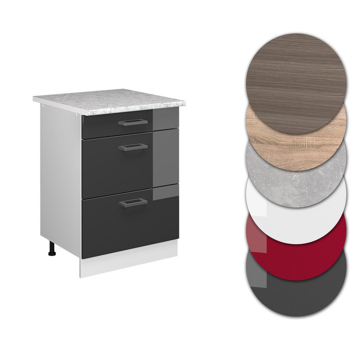 KÜCHENSCHRANK R-Line Anthrazit Hochglanz 60 cm mit Schubladen AP Marmor - Schwarz Hochglanz/Anthrazit, Holzwerkstoff (60/81.6/60cm) - Vicco