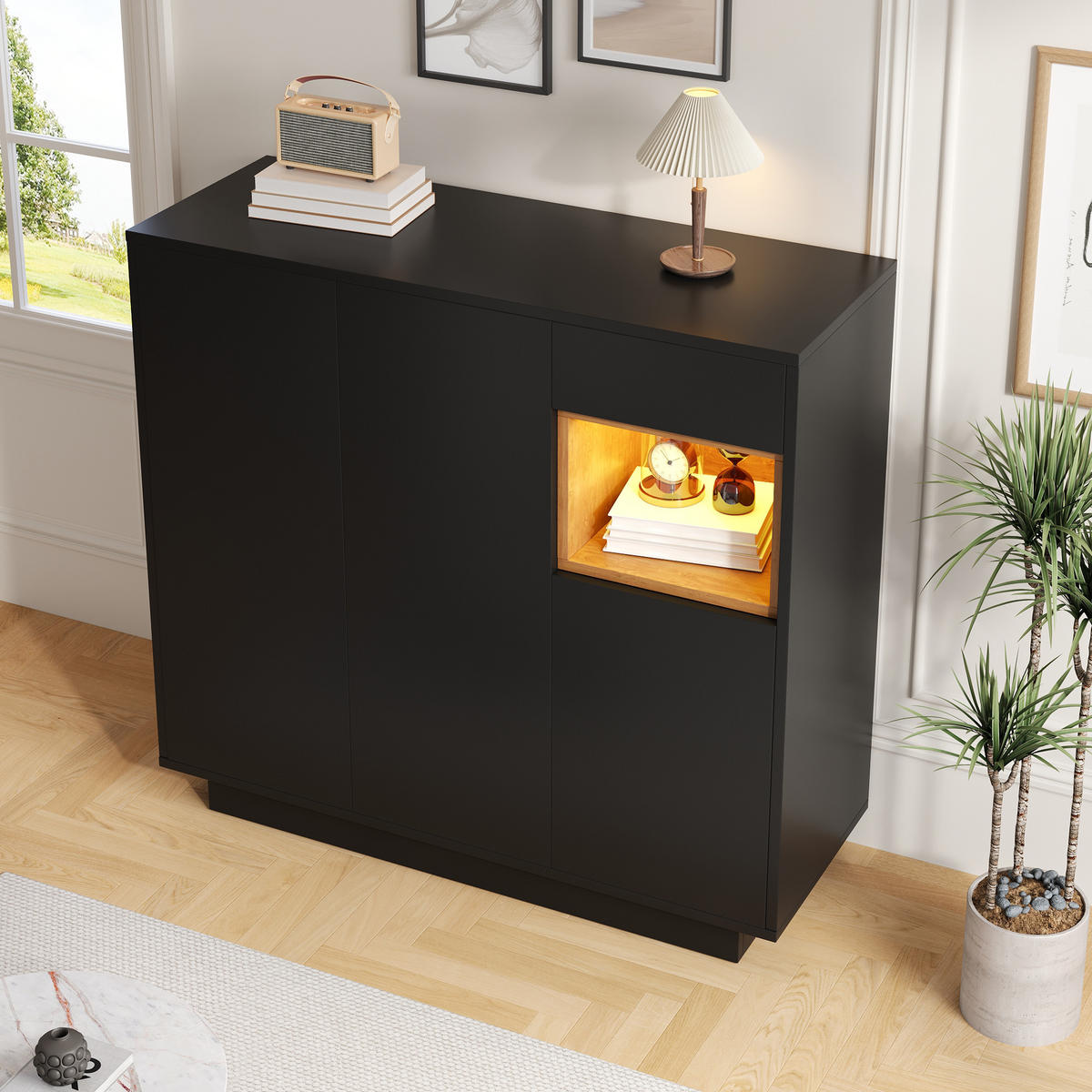 SCHUHSCHRANK in Schwarz und Naturfarben mit LED-Beleuchtung für 14–18 Paar Schuhe, B105/T39.5/H100.5 cm - Schwarz/Naturfarben, Holzwerkstoff/Metall (105/100.5/39.5cm) - STILVORA