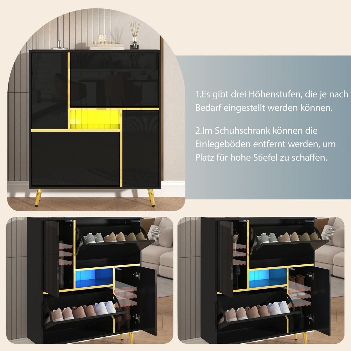 SCHUHSCHRANK LED 80x25x96 cm schwarz - Schwarz, Holzwerkstoff (80/96/25cm) - LEBENLANG