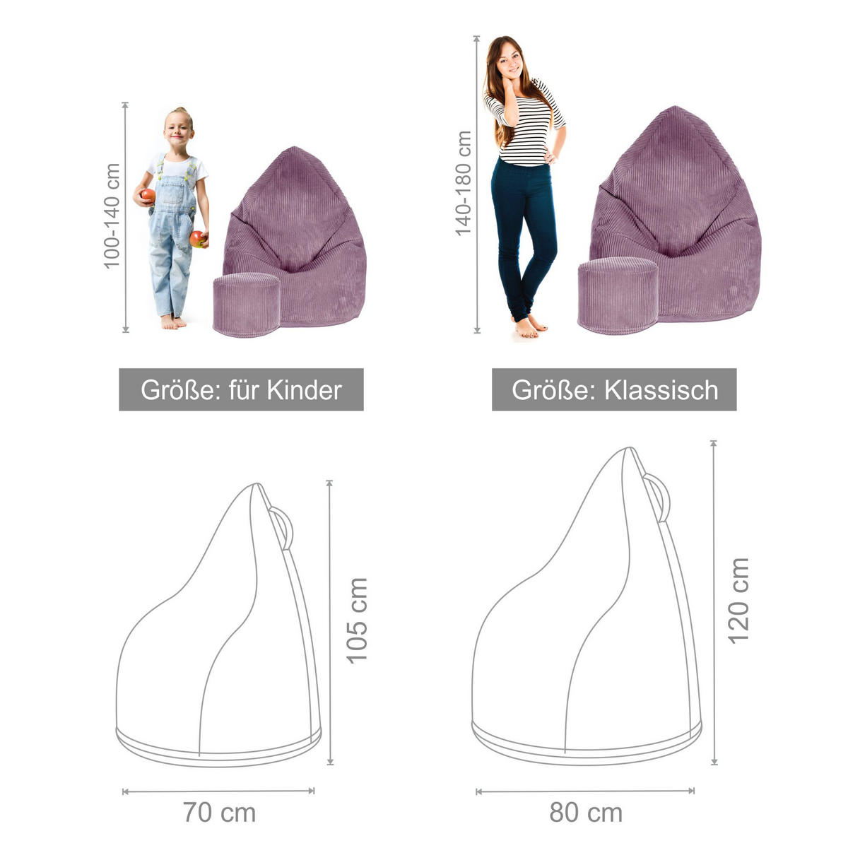 SITZSACK MIT FUßSTÜTZE Kordsamt 2-tlg Plum Smoothie M - Pflaume/Pink, Textil (80/120/80cm) - Dreamroots