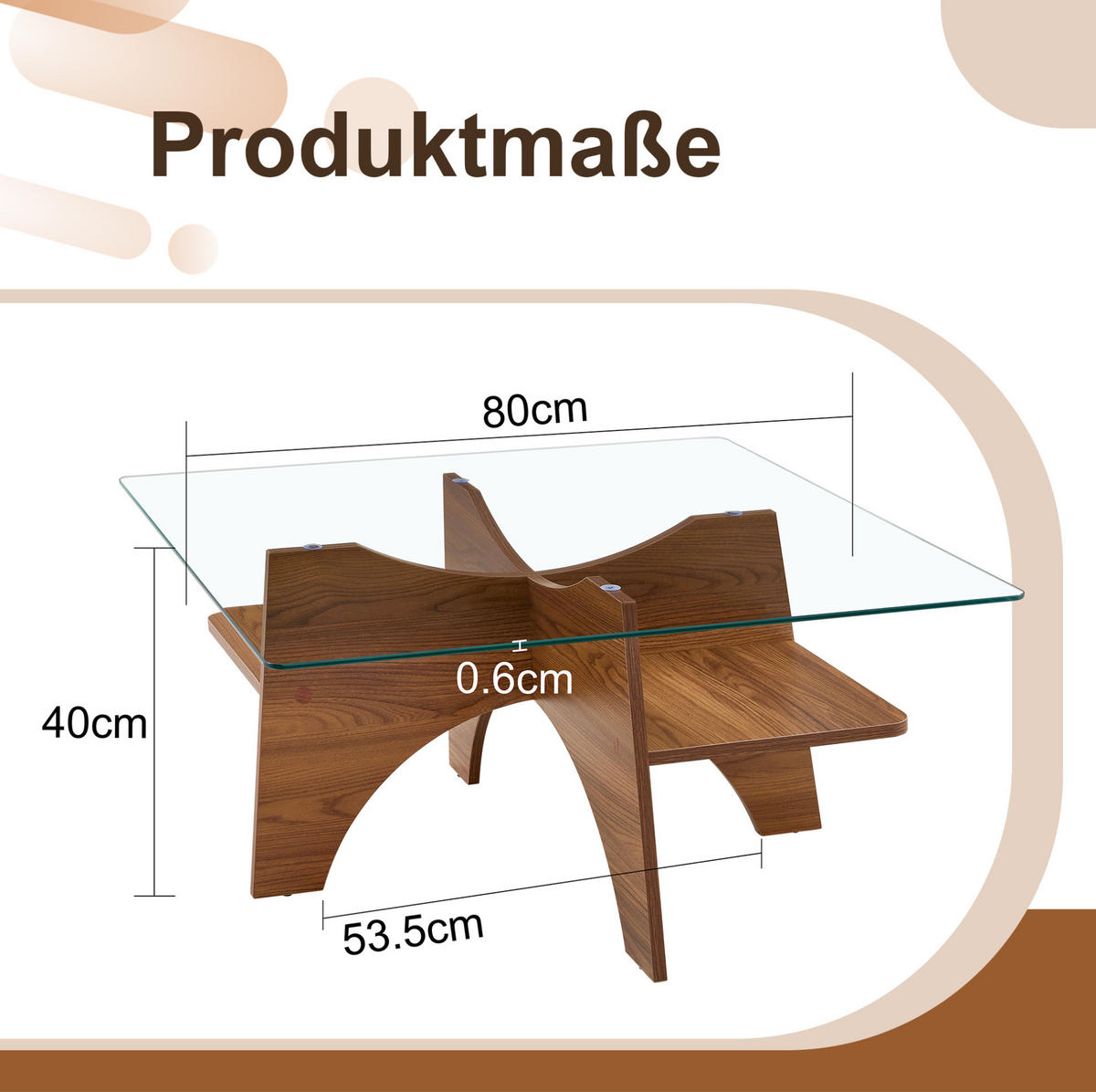COUCHTISCH 80/80/40 cm Transparent Nussbaum MDF mit Sicherheitsglas und Ablagefach - Walnussfarben, Holzwerkstoff (80/80/40cm) - OKWISH