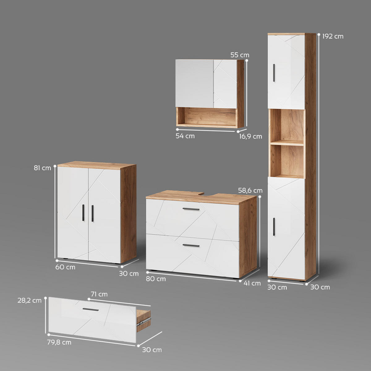 BADMÖBEL-SET Ronco Weiß Hochglanz/Goldkraft Eiche 4 Teile, mit Schubladenschrank und Midischrank - Weiß Hochglanz/Eiche Wotan, Holzwerkstoff (80/58/41cm) - Livinity®