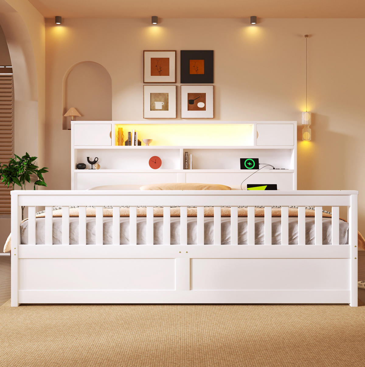 POSTEĽ 180/200 cm biela z MDF a preglejky s LED čelom, policami, USB a 4 zásuvkami - biela, kompozitné drevo (180/200cm) - OKWISH