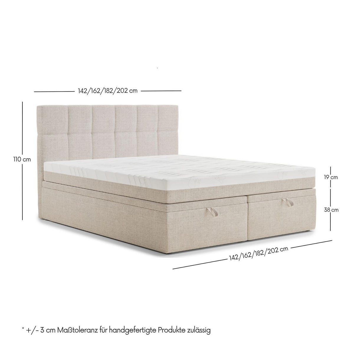 BOXBETT 140/200 cm Gotu M, in Beige, Matratze, gepolstertes Kopfteil, Bettkasten, H3 = fest - Beige/Schwarz, Holz/Holzwerkstoff (140/200cm) - Maison de Reve