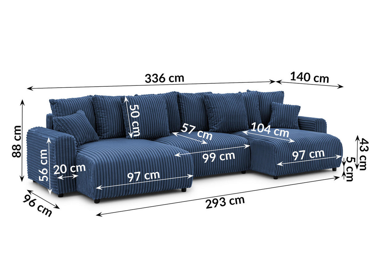 WOHNLANDSCHAFT Calma mit Schlaffunktion und Bettkasten im Bumpy-Design aus weichem Marineblau Plüschcord - Blau/Beige, Holz/Textil (336/88/140cm) - S-Style