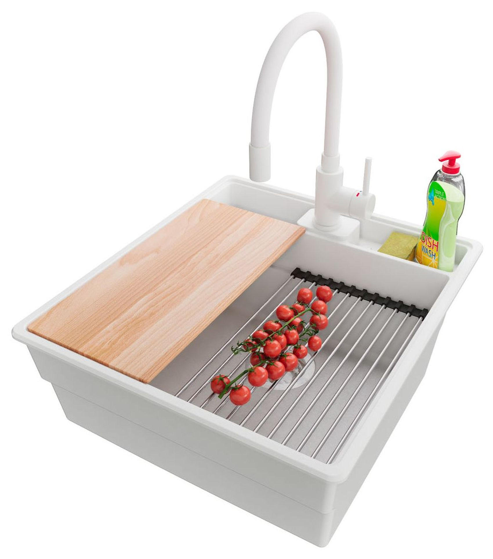 GRANITSPÜLE New York, 2-er set Weiß 48/53 cm 1 Becken + Küchenarmatur 38/14 cm + Ablauf-Set + Küchenzubehörset ab 50er Unterschrank - Chromfarben/Beige, Kunststoff (48/20/53cm) - Primagran