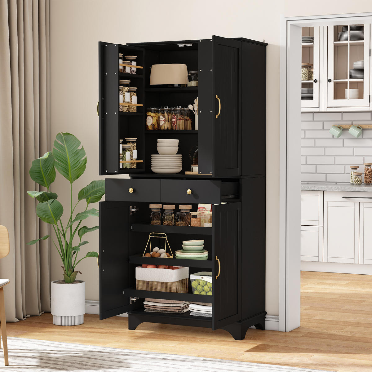 BUFFET mit vertikaler Maserung, geschwungener Sockel, verstellbaren Böden & Schubladen, neutral, MDF - Schwarz, Holzwerkstoff/Metall (77/181/40cm) - EVRYAE
