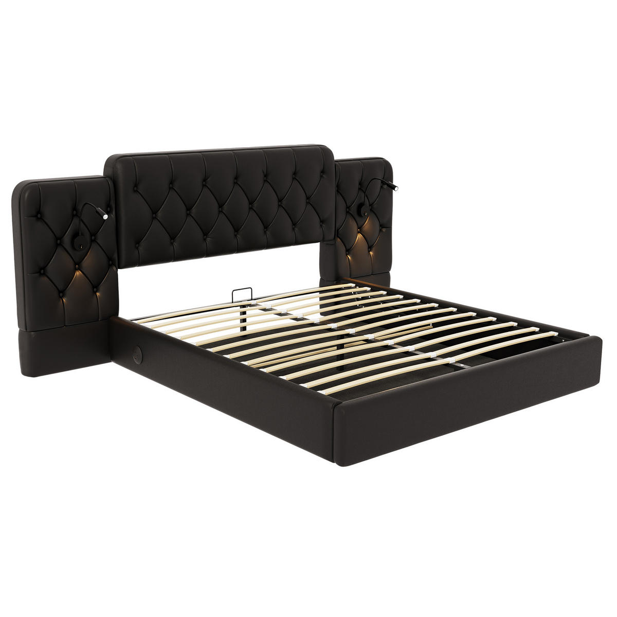 BETT mit Stauraum und USB 160x200 cm PU-Leder Schwarz - Schwarz, Metall (160/200cm) - Meubliv