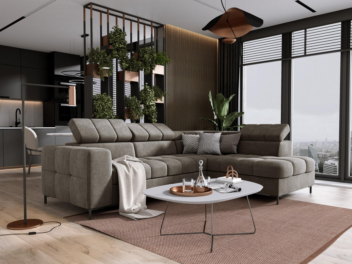 ECKSOFA PABLOS Vogue, L-förmig, Moderne, mit verstellbarem Kopfteil, Schlaf- & Lagermöglichkeiten, freistehend, RECHTS 279x201x97 cm Taupe - Taupe, Holz/Textil (279/201cm) - DomoHome
