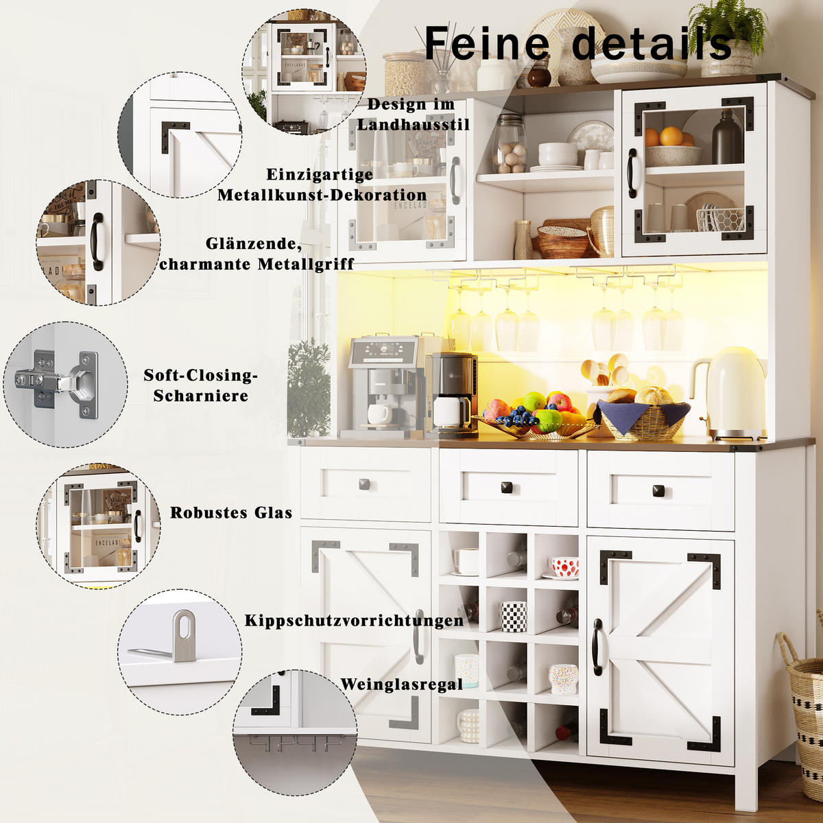 HOCHSCHRANK in Weiß Küchenschrank mit LED-Lichtleiste und Schubladen für Küche und Wohnzimmer, B120/T40/H170 cm - Weiß, Glas/Holzwerkstoff (120/70/40cm) - STILVORA