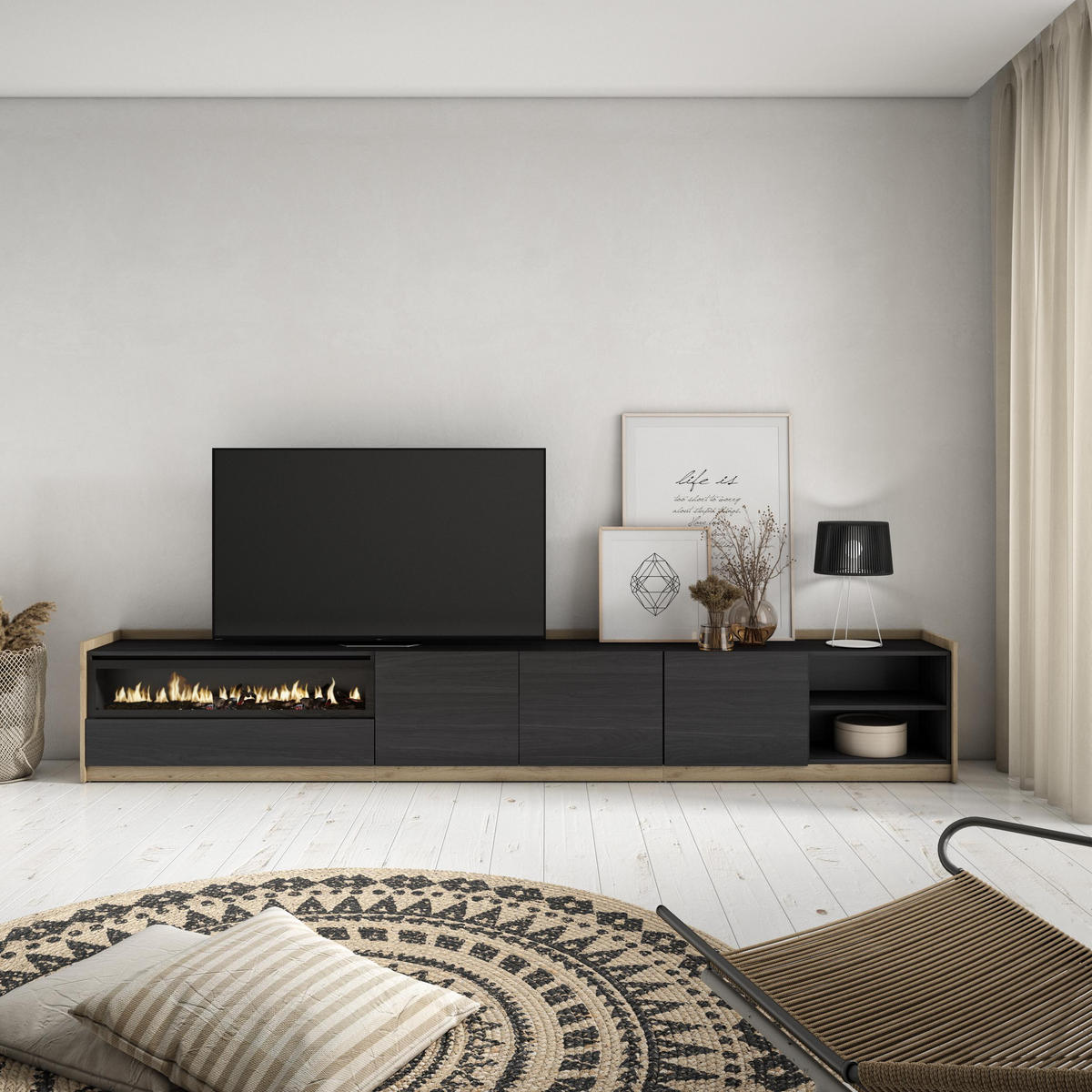TV-SCHRANK, Lowboard, Schwarz Eiche, Elektrokamin, 310/37/50cm - Schwarz, Holzwerkstoff (310/50/37cm) - Skraut Home