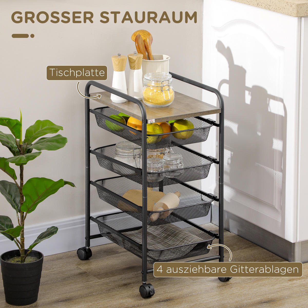 ROLLWAGEN, Küchenwagen, Stahl, Schwarz - Schwarz, Holzwerkstoff (31/66/41.5cm) - HOMCOM