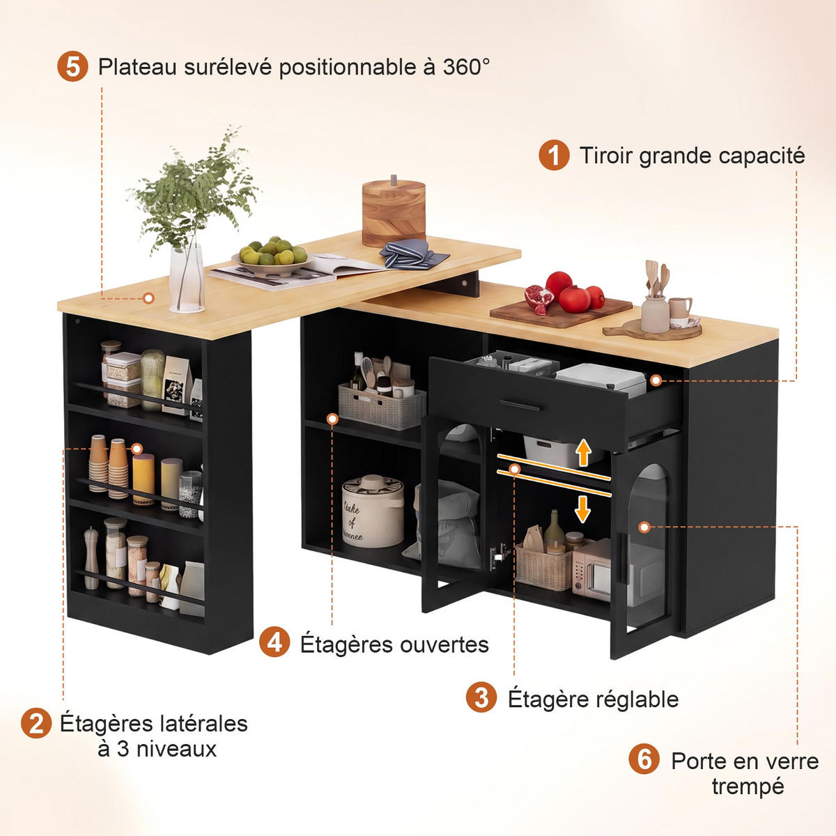 KÜCHENINSEL 360° DREHBAR, MIT STAURAUM, MDF, Für Esszimmer Und Küche, 136/50/78 cm - Schwarz, Holzwerkstoff (50/78/136cm) - Rolipo