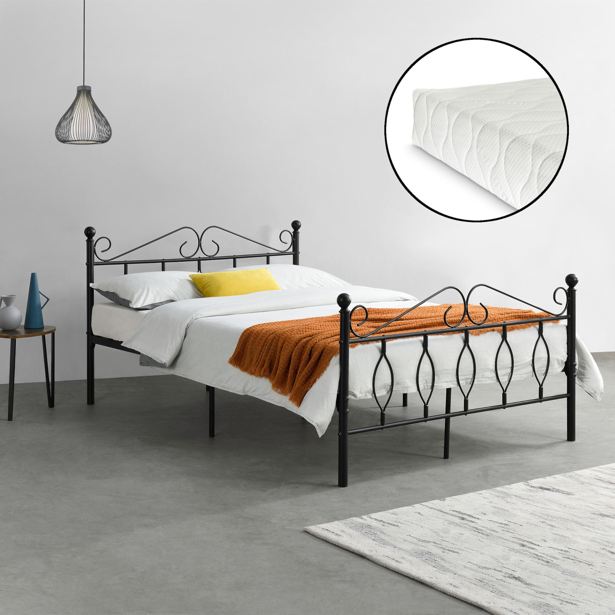 METALLBETT Apolda mit Matratze - Schwarz, Textil/Metall (140/200cm) - [en.casa]