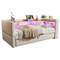 POLSTERBETT 90/180 x 190 cm aus Flanell mit LED-Beleuchtung und Steckdosen Beige - Beige, Textil (90/190cm) - Modenvie