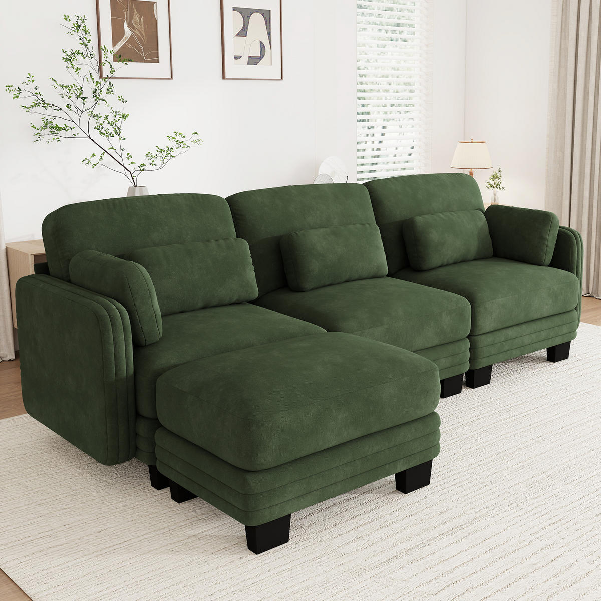 ECKSOFA L-Form 3-Sitzer modular mit Ottomane, DE-42686, Grün - Grün, Holz (253/143cm) - ComfortXL