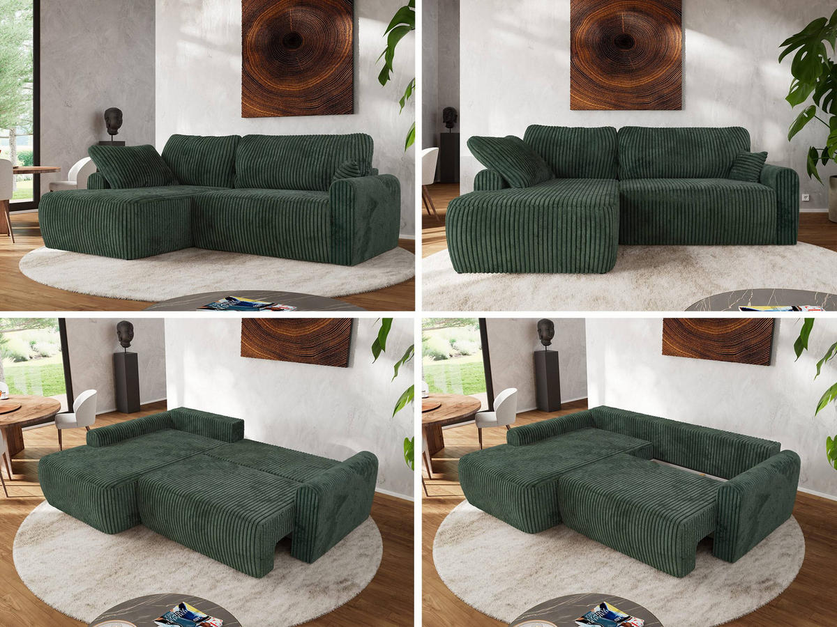 ECKSCHLAFSOFA CUBO L Grün Cord - links - Schwarz/Grün, Kunststoff/Textil (273/187cm) - MKS