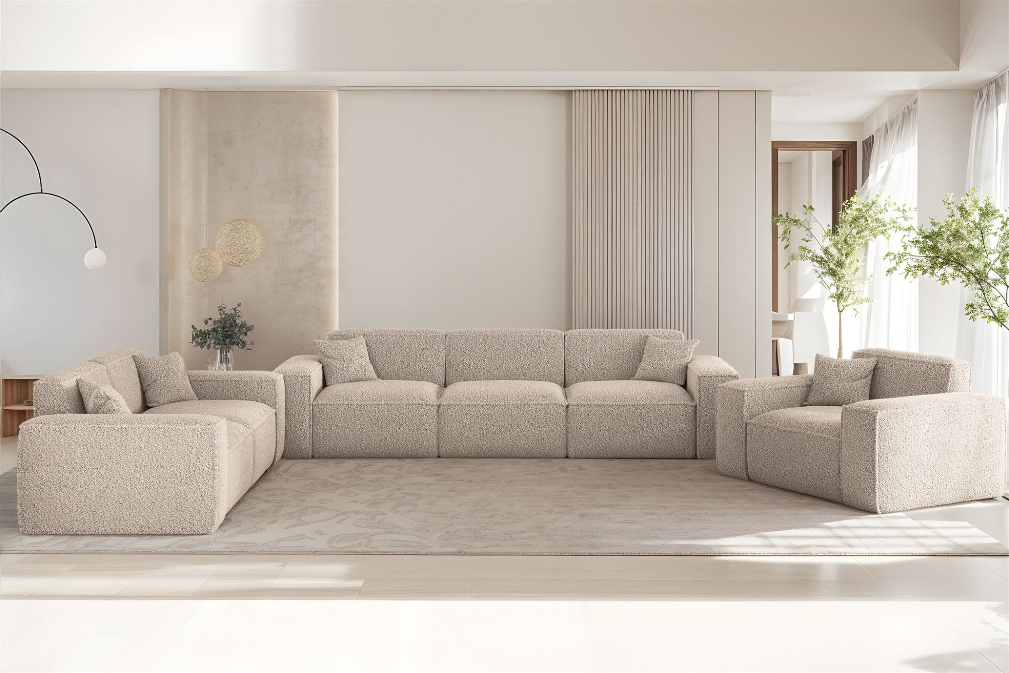 SOFASET Celes Premium 3-2-1 In Sven - Hellbraun, Holzwerkstoff/Textil (218/73/90cm) - Fun Möbel