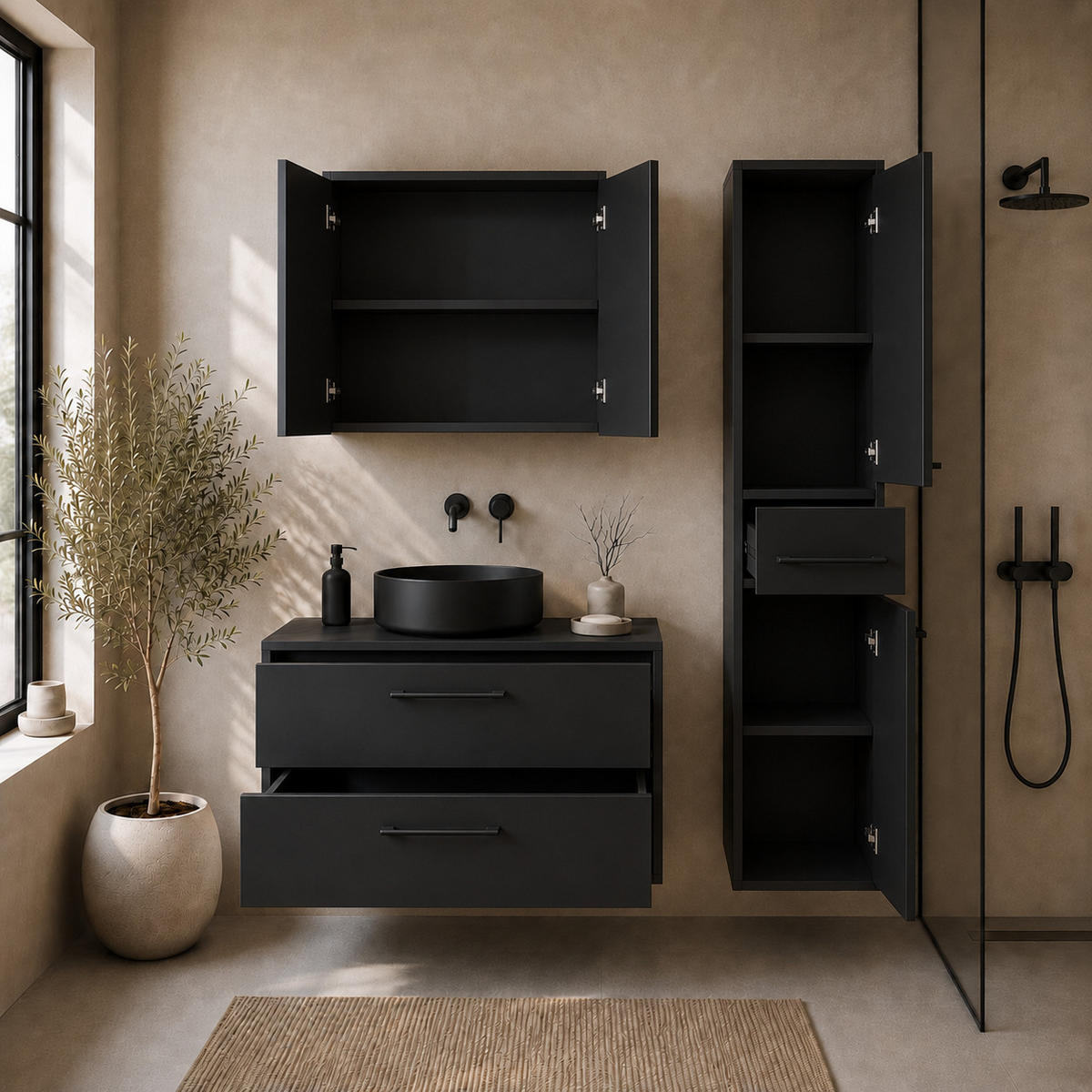 BADMÖBEL-SET Florence 3 Teile Matt schwarz - 80 x 46 x 46 cm - Schwarz, Holz (80/46/46cm) - Badplaats