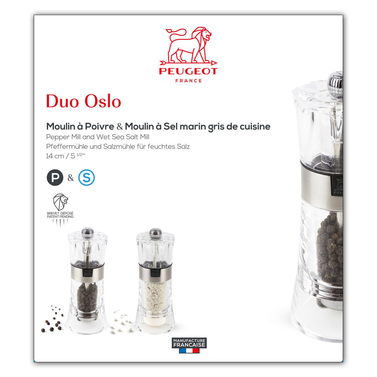 MÜHLENSET Oslo 14cm Pfeffer- & Feuchtsalzmühle Acryl/Edelstahl Stahlmahlwerk - Transparent, Kunststoff (11.6/14/5.8cm) - PEUGEOT