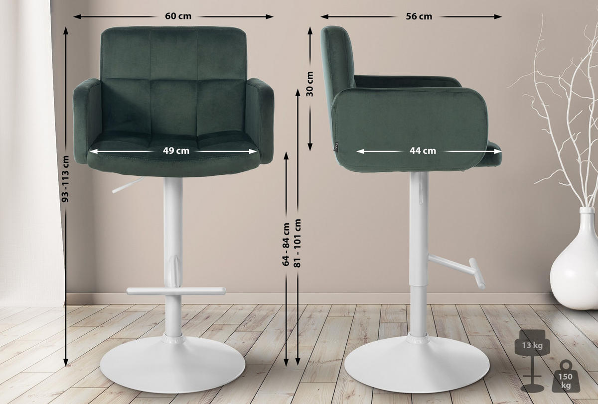 BARHOCKER Samt dunkelgrün - Dunkelgrün/Weiß, Textil/Metall (60/93/56cm) - CLP