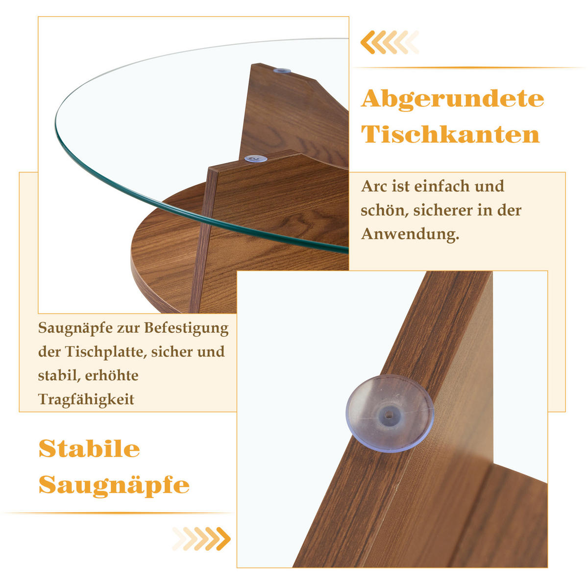 BEISTELLTISCH 80/36 cm aus Glas in Transparent/Walnuss mit fächerförmigem Gestell - Walnussfarben, Holzwerkstoff (80/80/36cm) - Flora Grace