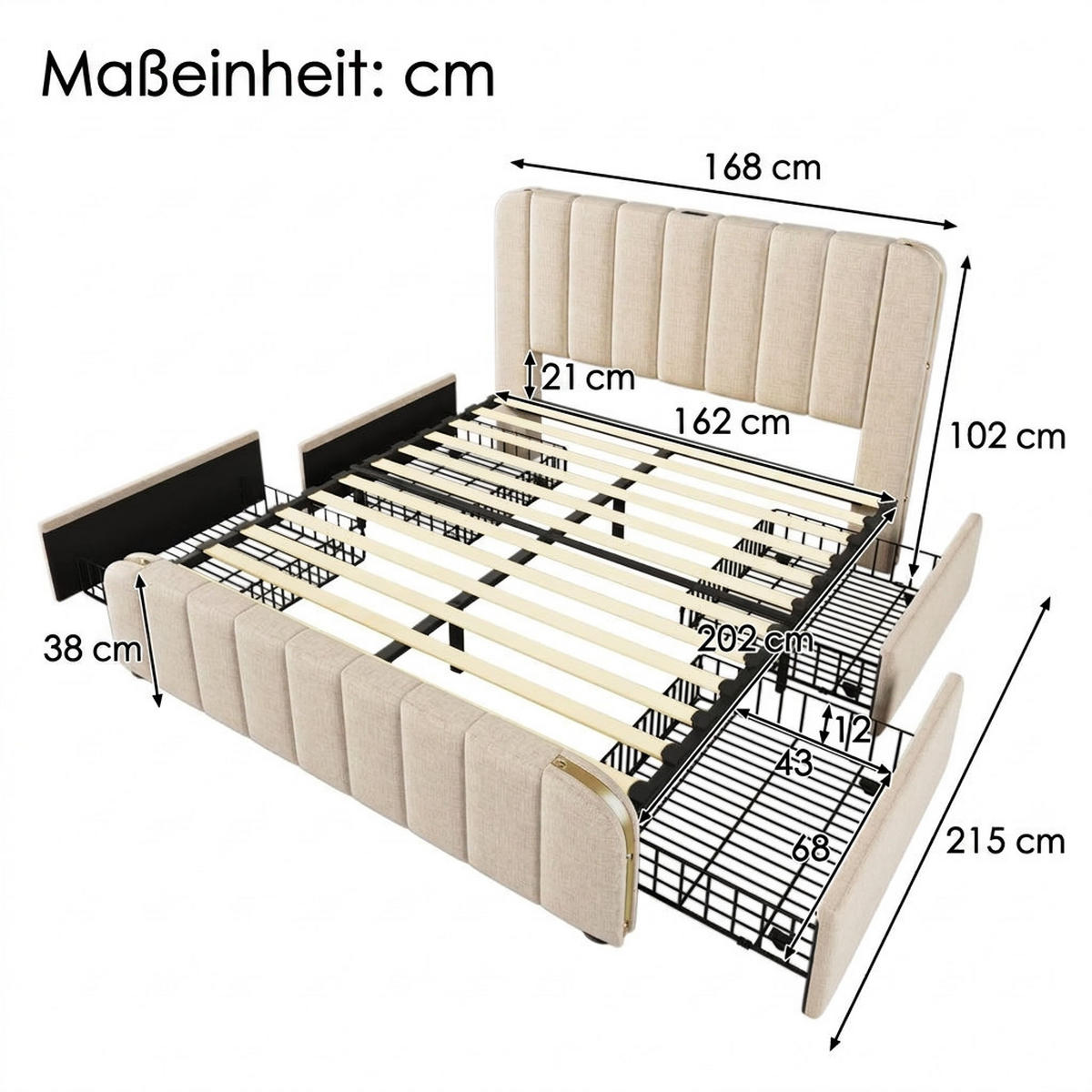 POLSTERBETT 160/200 cm Beige mit 4 Schubladen und USB Typ-C Ladefunktion - Beige, Textil (160/200cm) - Oxeza