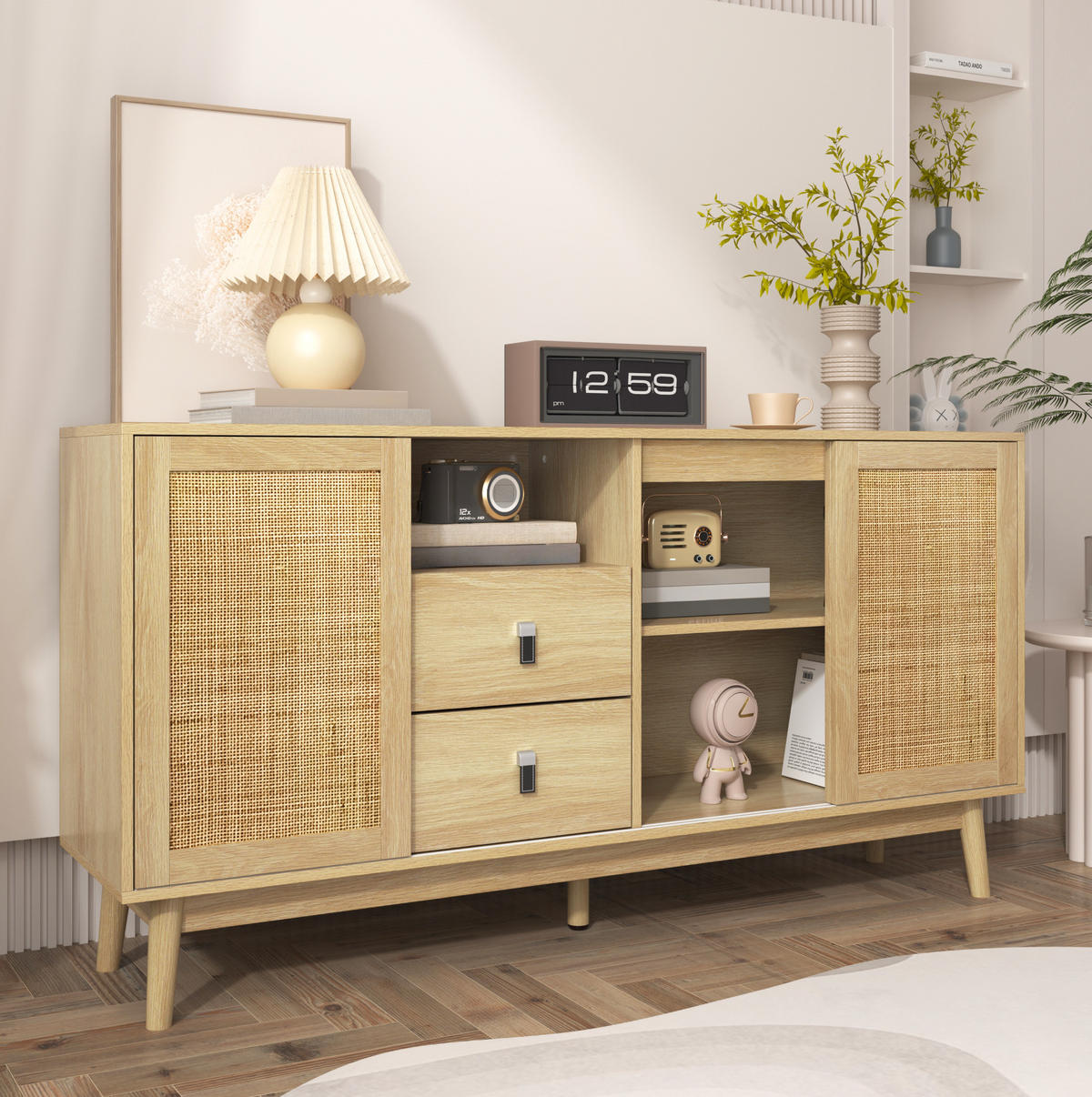 SIDEBOARD 155/38/80 cm Holzfarbe aus MDF mit Rattan-Schiebetüren - Naturfarben, Holzwerkstoff (155/80/38cm) - OKWISH