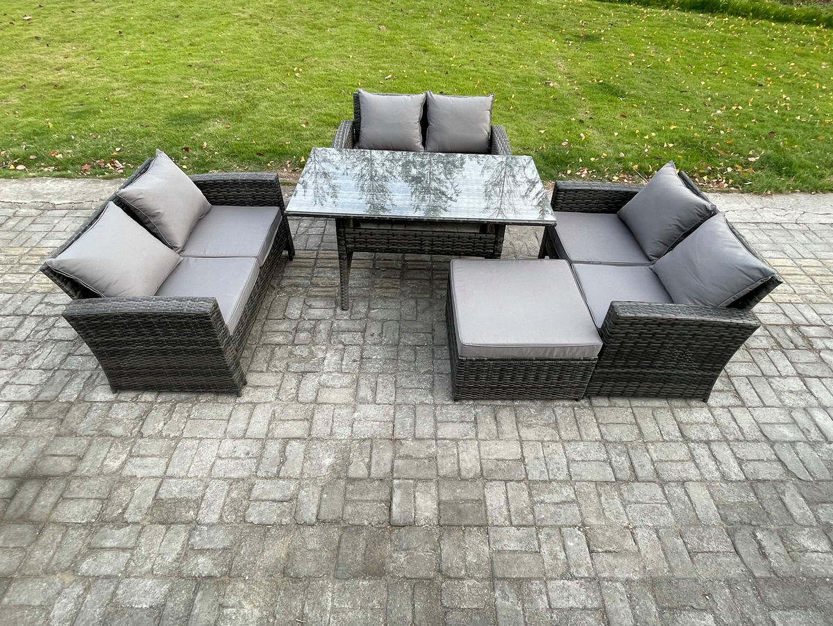 GARTENMÖBELSET mit Zweisitzer,Esstisch,Hocker Polyrattan Dunkelgrau 7-Sitzer - Dunkelgrau/Grau, Glas/Kunststoff - Fimous