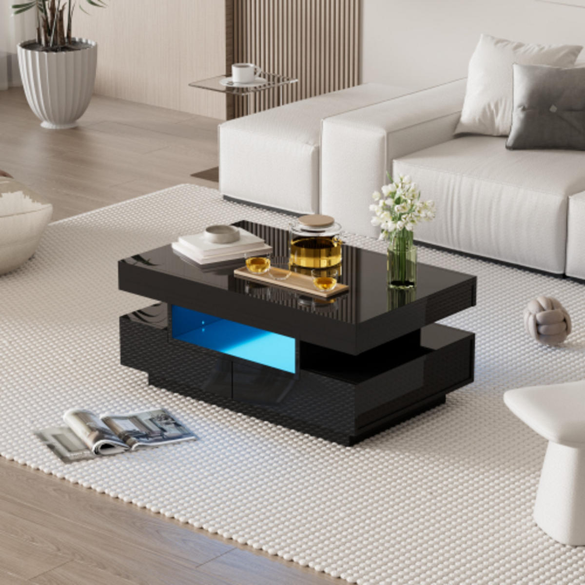 COUCHTISCH Schwarz aus Spanplatte mit Hochglanzoberfläche und integrierter LED-Beleuchtung 80×50×36 cm - Schwarz, Holzwerkstoff (50/80/36cm) - Luhomfu