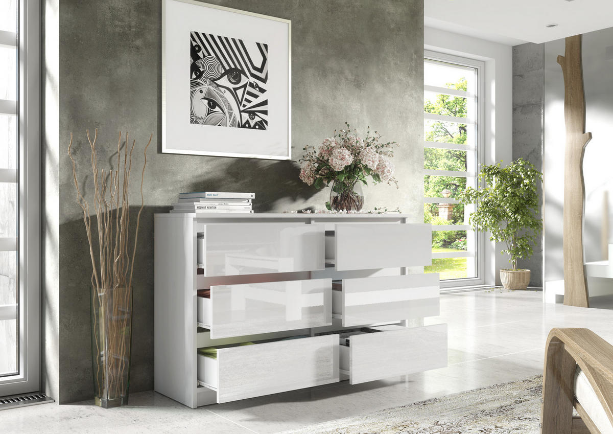 KOMMODE NUDO 120/78,5/39cm mit 6 Schubladen Türen Weiß - Weiß Hochglanz/Weiß, Holzwerkstoff (120/78.5/39cm) - MASSENO
