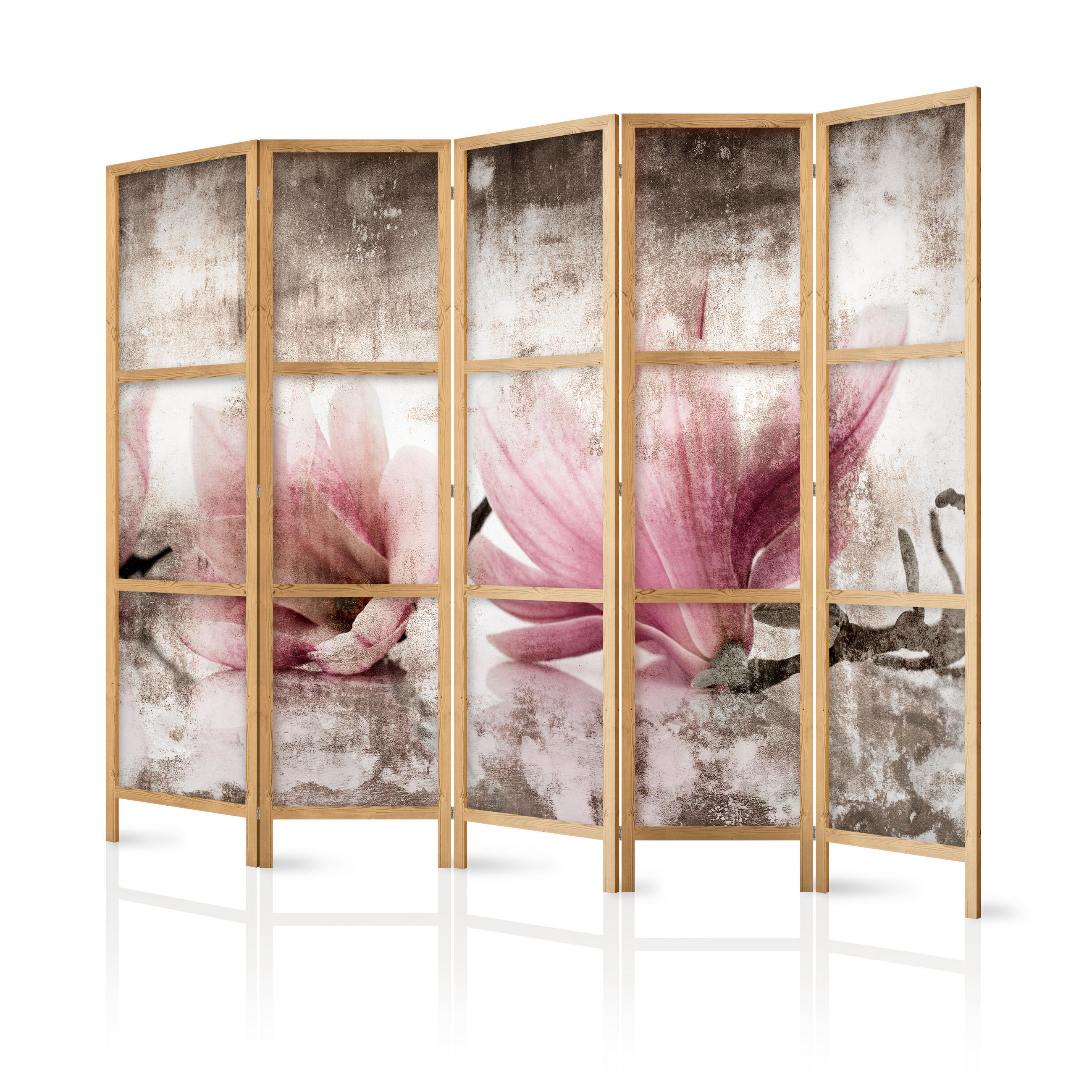 PARAVENT Japanischer 5-tlg 225x172 cm Vintage Magnolien - Multicolor, Holz/Textil (225/172/3cm) - Muralo