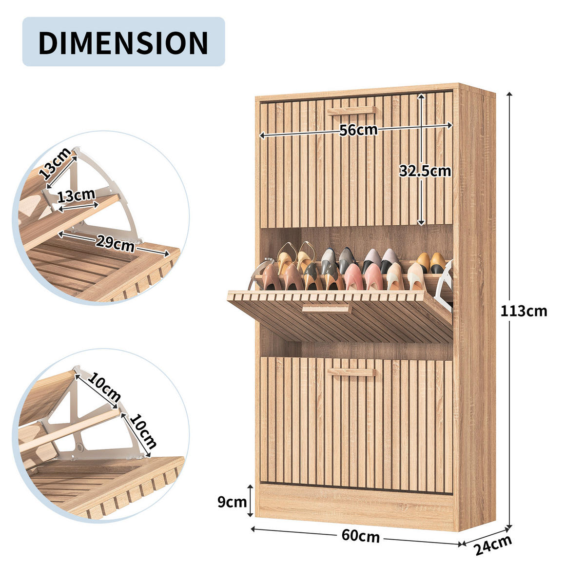 SCHUHSCHRANK 60x24x113 cm 3 Klapptüren Stauraum Holzoptik - Naturfarben, Holz (24/113/60cm) - LEBENLANG