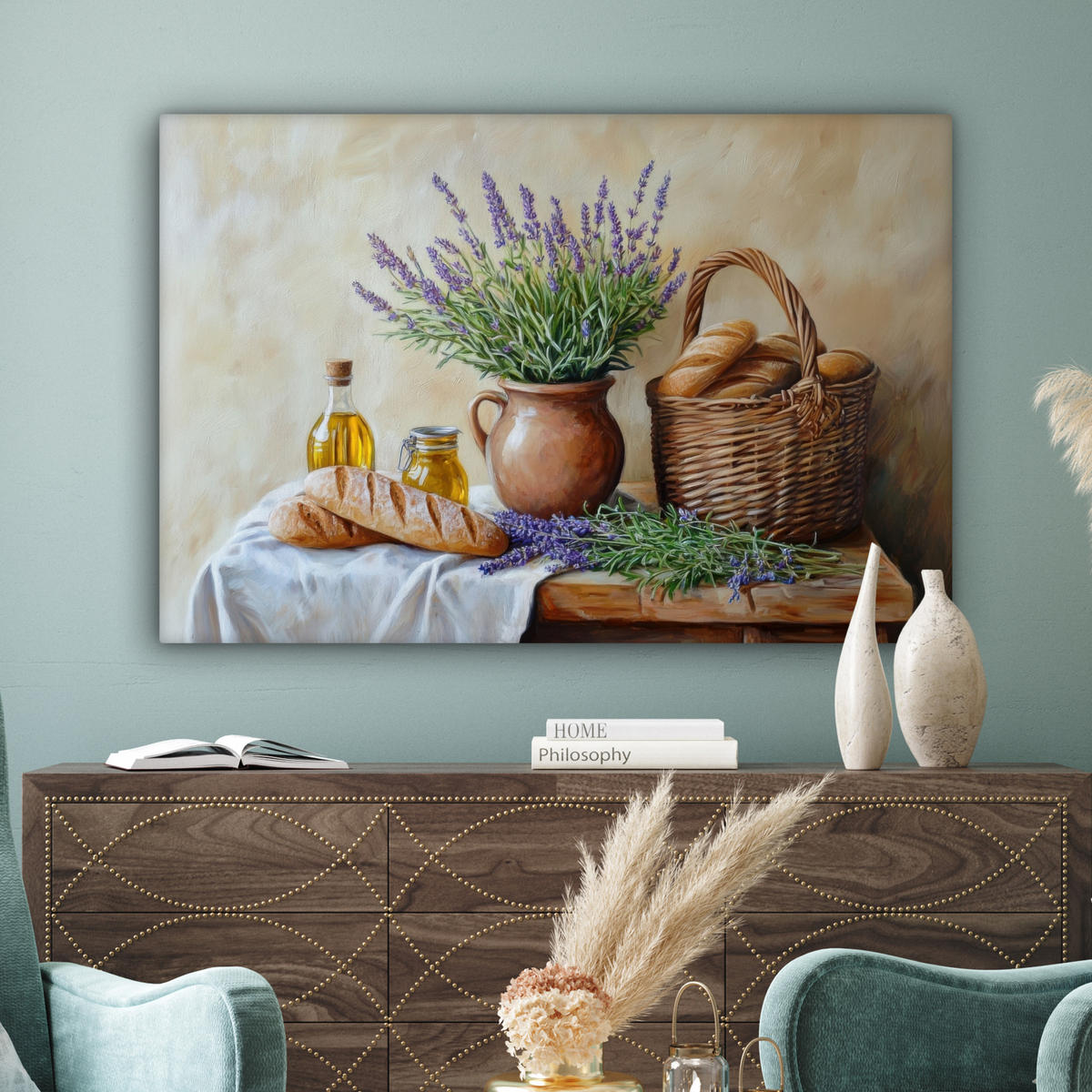 LEINWANDBILD Lavendel - Brot - Stilleben Wohnzimmer 120x80 cm - Flieder, Textil (120/80cm) - MuchoWow