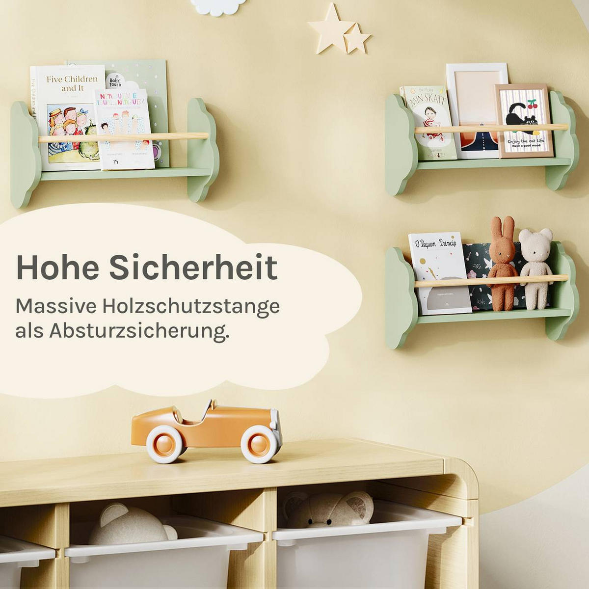 KINDER-WANDREGAL 3er Set, Kiefernholz, 45 x 12,7 x 23cm, Grün - Grün, Holz/Holzwerkstoff (45/23/12.7cm) - Woltu