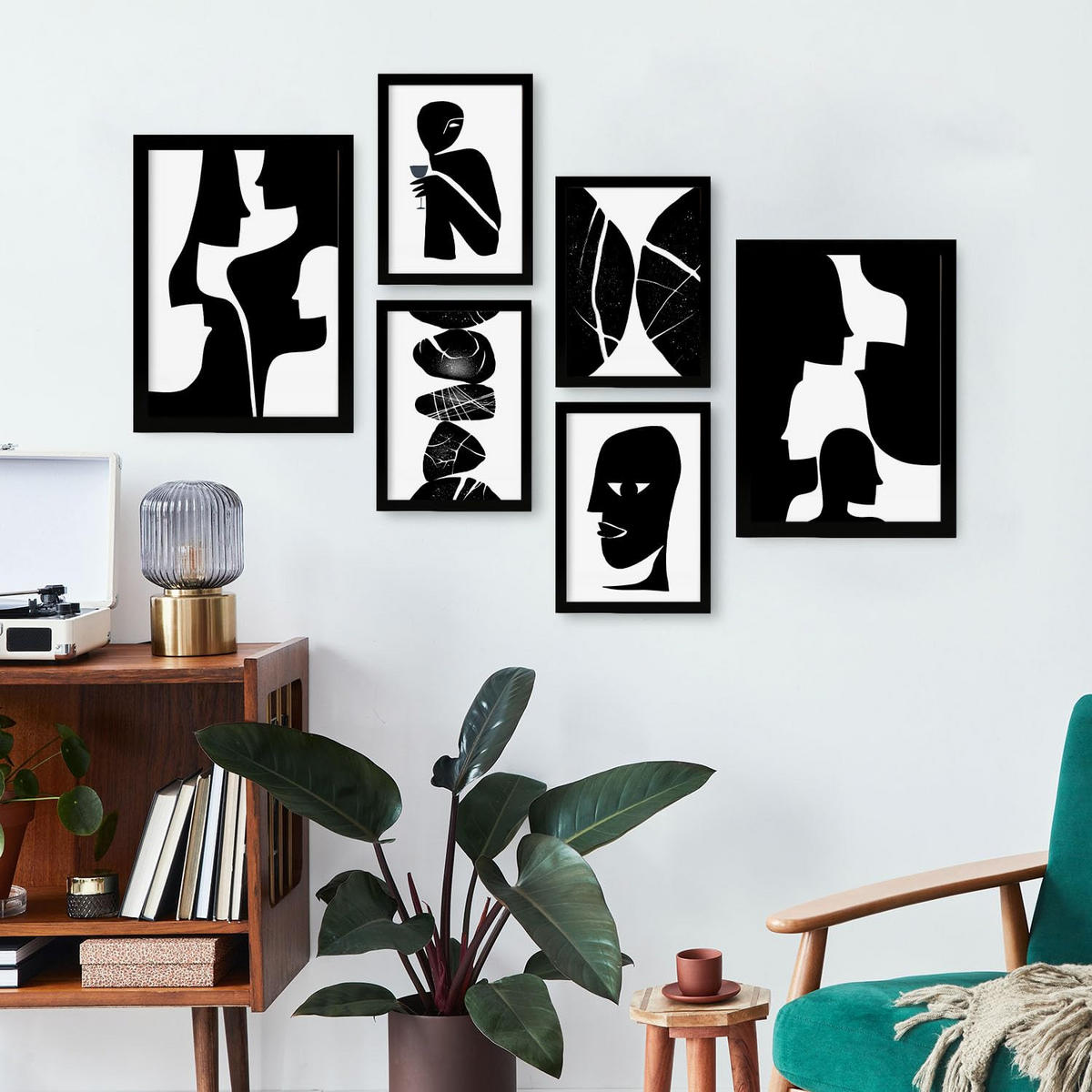 POSTER Set Mit 6 Atavistischer Kopf In Liebhaber Abstrakt Ästhetische Dekorative Gemälde Für Ihr Wohnzimmer Zuhause A3 & A4 Schwarzer Rahmen - Schwarz, Papier (29/3cm) - Nacnic