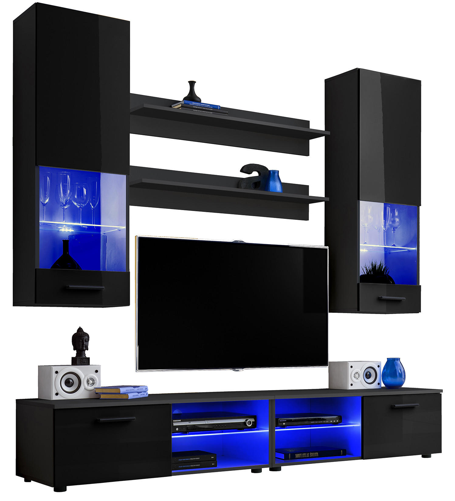 WOHNZIMMERSET VARALLO, 6er-Set, Schwarz, Front Hochglanz Schwarz , LED Blau - Schwarz, Glas/Holzwerkstoff (200/190/45cm) - Komodee