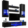 WOHNZIMMERSET VARALLO, 6er-Set, Schwarz, Front Hochglanz Schwarz , LED Blau - Schwarz, Glas/Holzwerkstoff (200/190/45cm) - Komodee