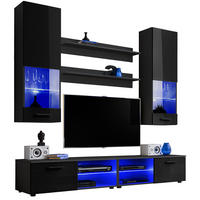 WOHNZIMMERSET VARALLO, 6er-Set, Schwarz, Front Hochglanz Schwarz , LED Blau - Schwarz, Glas/Holzwerkstoff (200/190/45cm) - Komodee