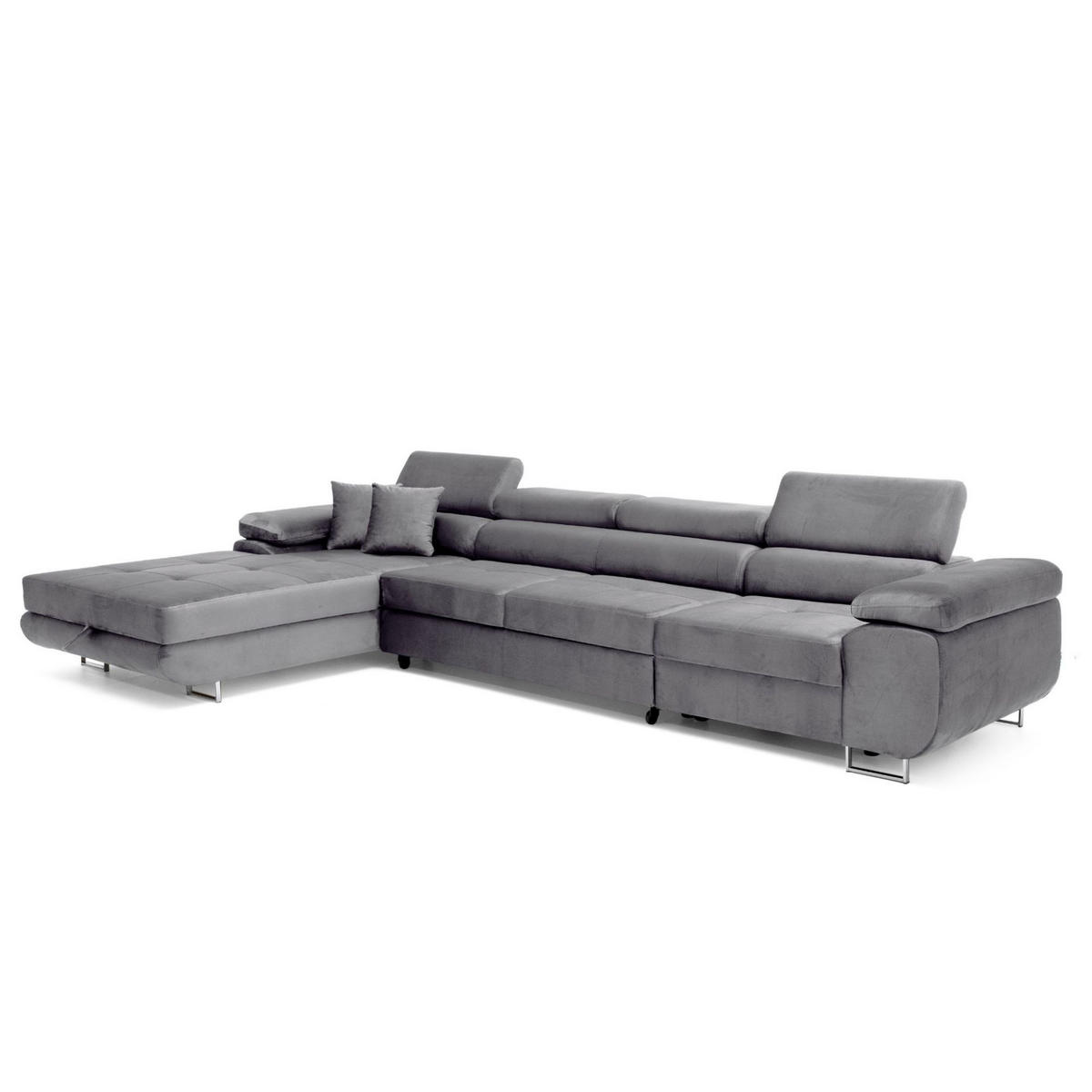 ECKSOFA ALONZO MAXI Links mit Schlaffunktion 125x195 Velours Grau - Silberfarben/Grau, Holz/Textil (350/203cm) - Muffo