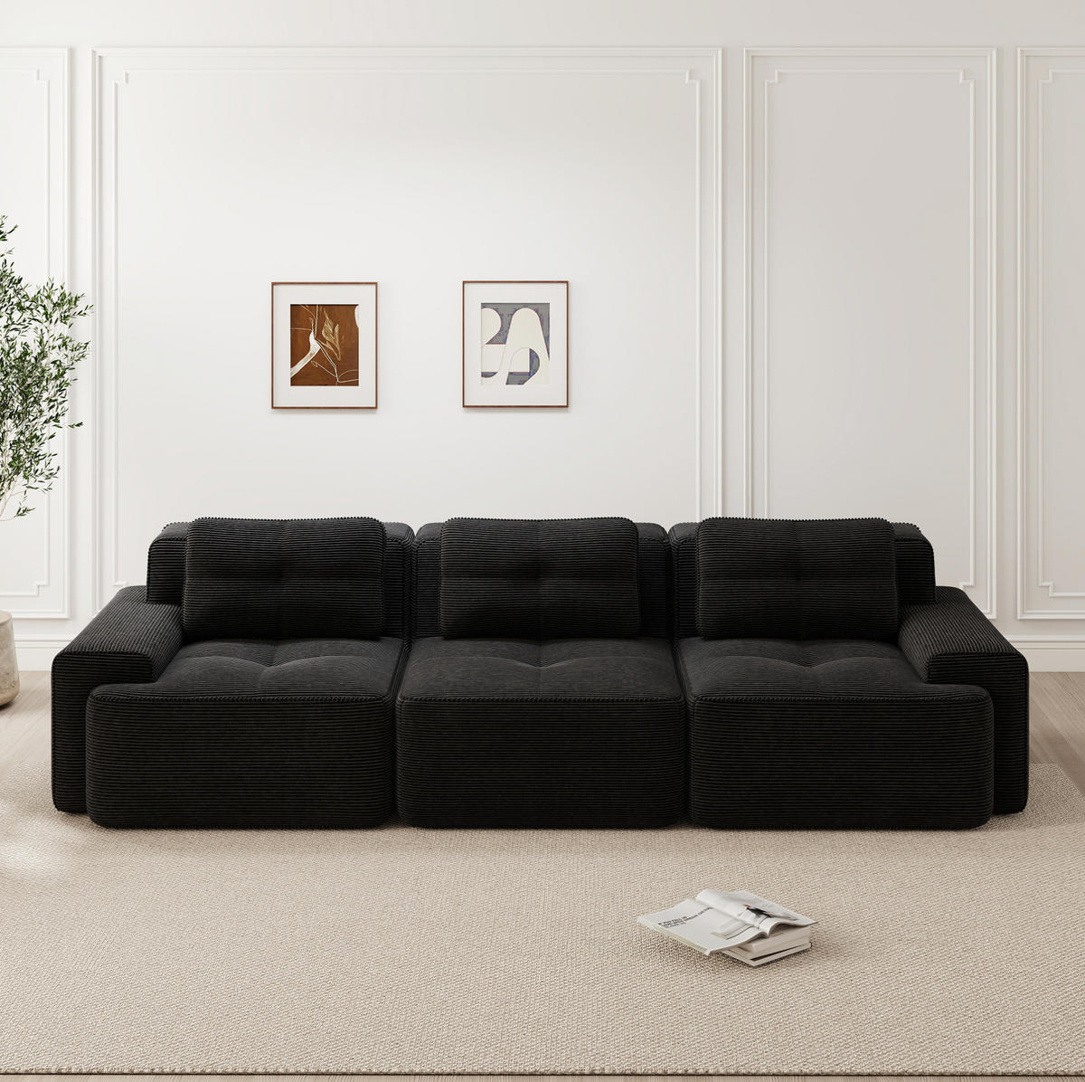 SOFA modular Tiefsitz Cord Black montagefrei - Schwarz, Kunststoff (104/69/293cm) - Meubliv