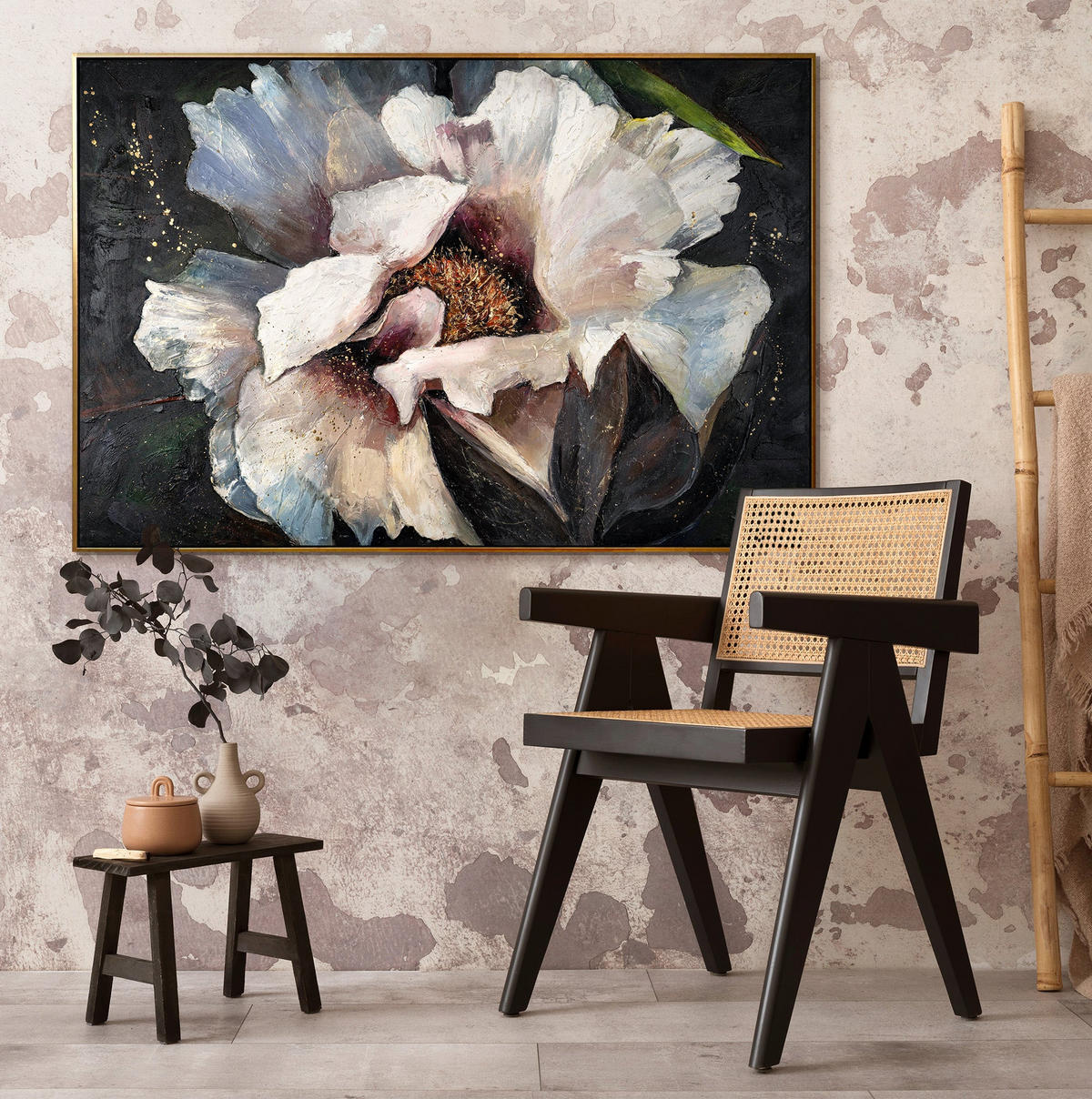 GEMÄLDE Pfingstrosen II Schattenfugenrahmen Schwarz-Gold 140x100 cm - Schwarz Hochglanz, Holz (140/100cm) - YS-art gallery