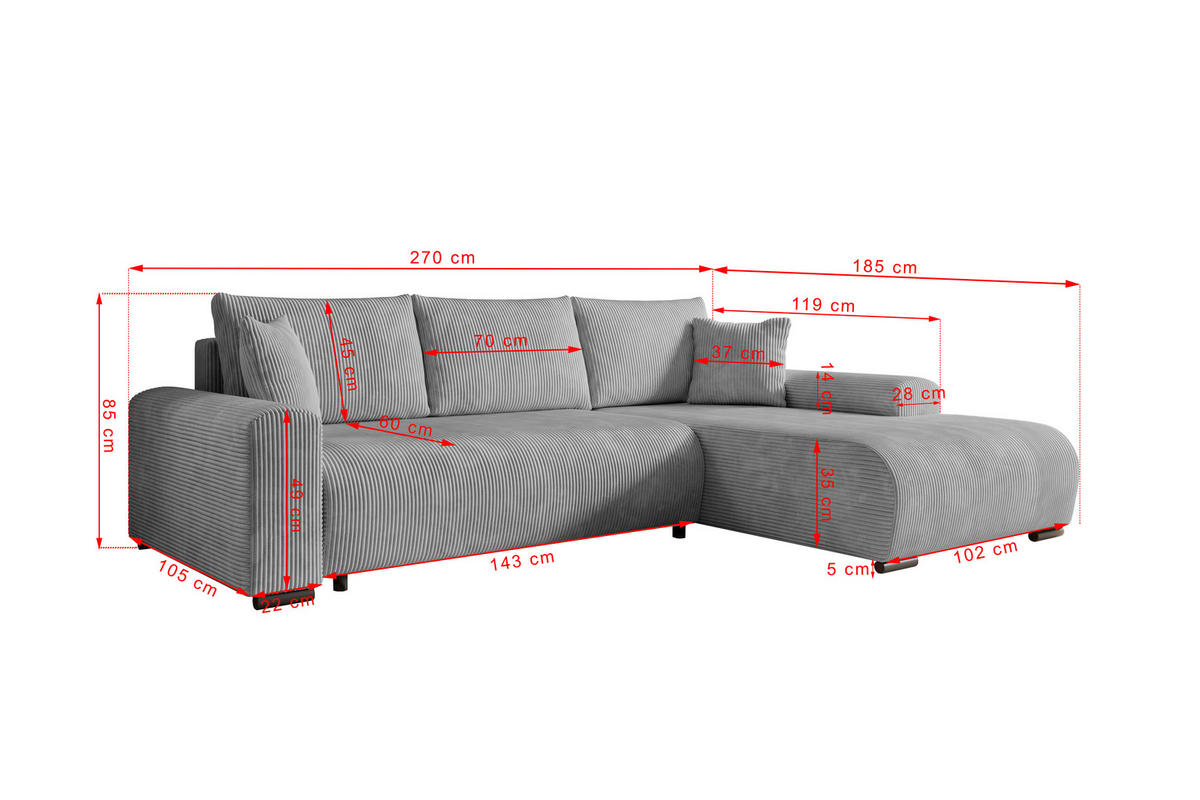 ECKSOFA Nelly mit Bettkasten und Schlaffunktion, Cordstoff in L-Form - Grau, Textil (270/185cm)