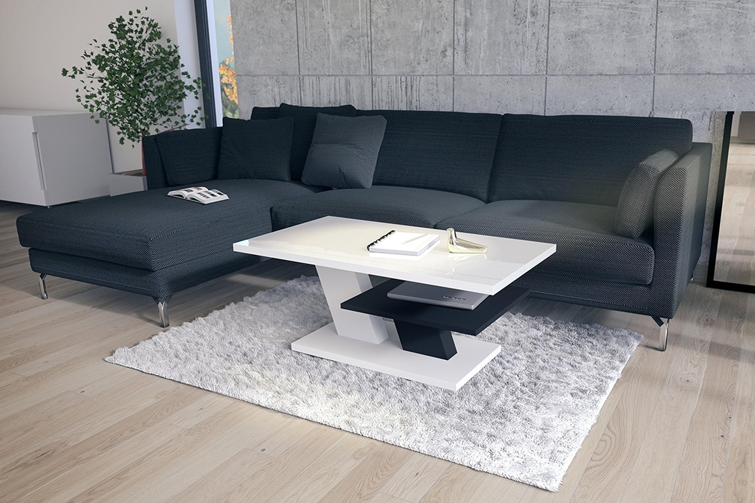 COUCHTISCH rechteckig Weiß Hochglanz Schwarz mit Ablage - Weiß Hochglanz/Schwarz, Holzwerkstoff (60/110/45cm) - designimpex