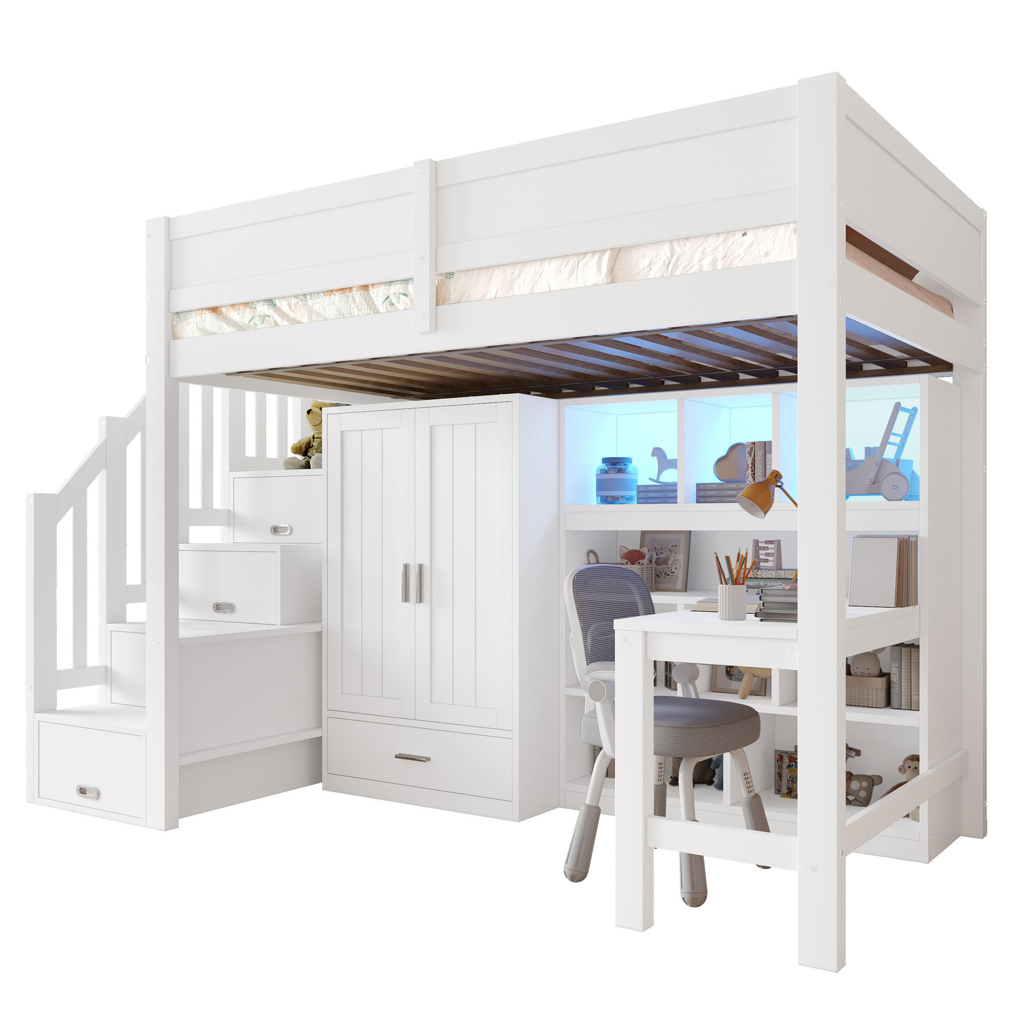 HOCHBETT mit Schreibtisch, Schrank und Stauraumtreppe 90x200 cm Weiß - Weiß, Holzwerkstoff (90/200cm) - Beauniv