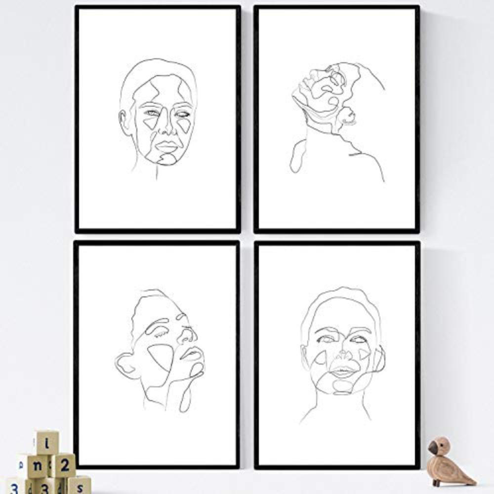 POSTER Set mit 4 Frauengesichter 3 A4 Schwarzer Rahmen - Schwarz, Papier (29.7/3cm) - Nacnic