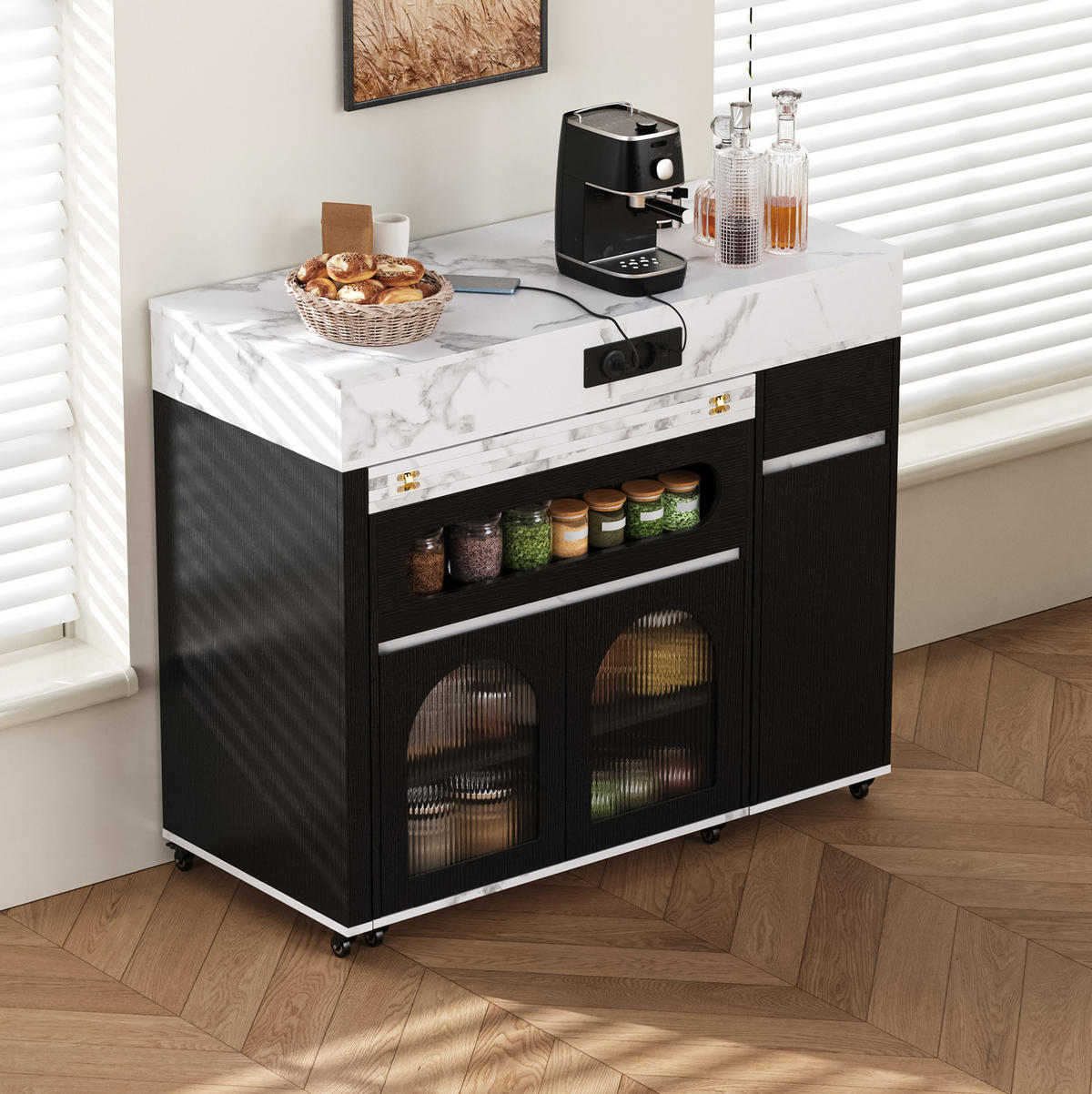 KÜCHENINSEL 50,5-187,5/110,5/95,5 cm aus MDF mit ausziehbarer Tischplatte Schwarz - Schwarz, Holzwerkstoff (110.5/95.5/50.5cm) - Modenvie