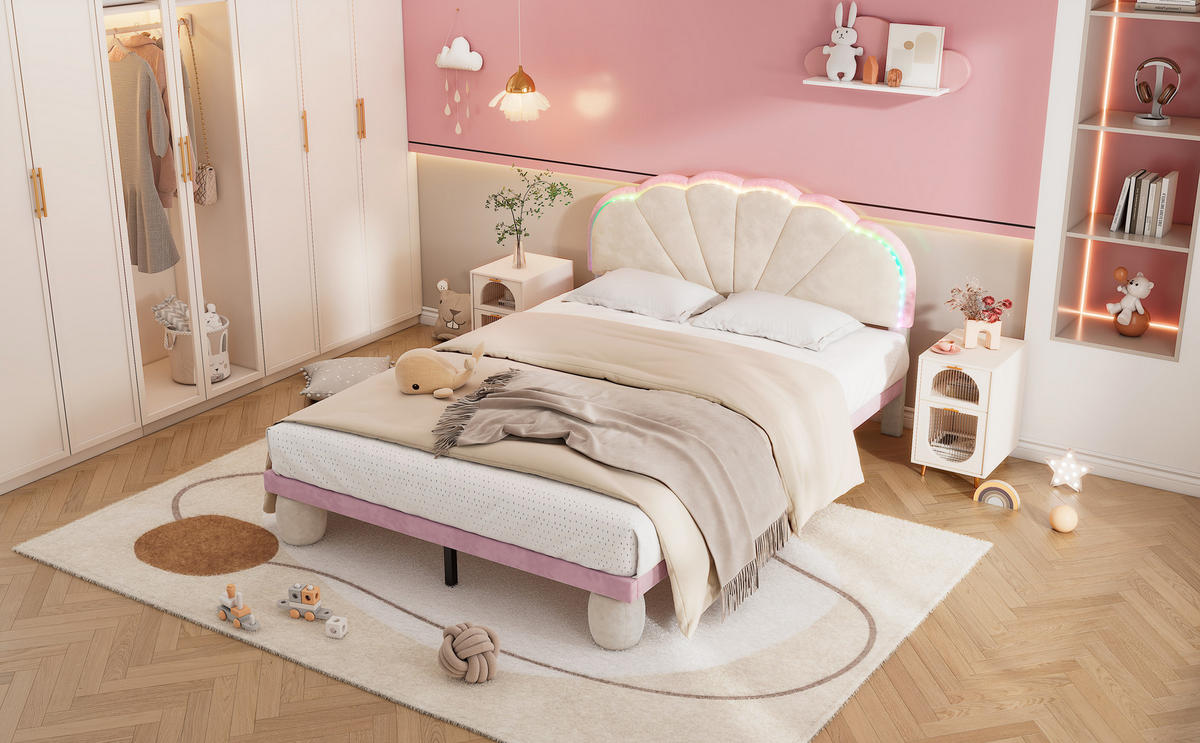 POLSTERBETT 140x200 cm LED Samt beige rosa - Beige, Textil (140/200cm) - Fortuna Lai